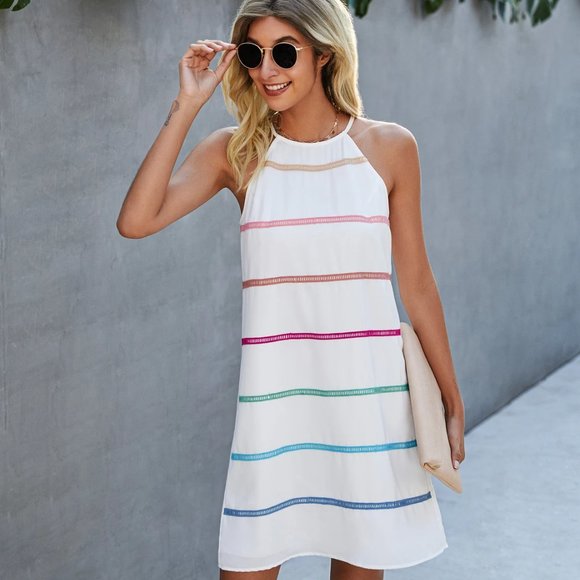 Women Halter Neck Sleeveless Striped Solid Loose Fit Tunic Short Dress - Picture 4 of 7